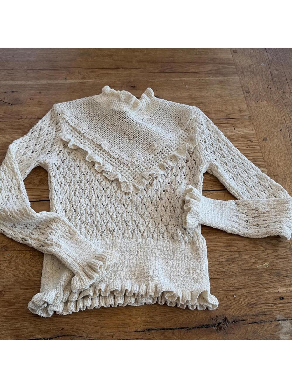 Zara womens small cream pullover ruffle crochet knit